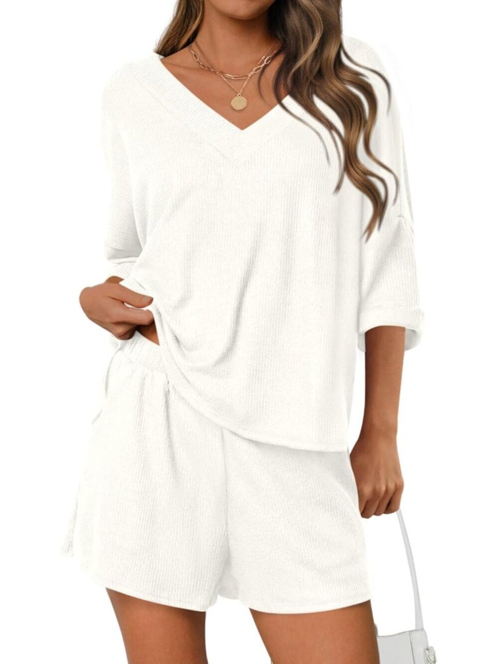 Womens 2 Piece Sets 2026 Oversized Vneck Half Sleeve Tops Shorts Lounge Set Casu